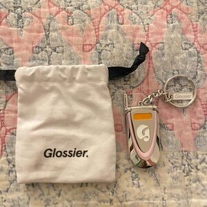 Glossier Pink & Silver Logo Keychain Charm with White Drawstring Pouch